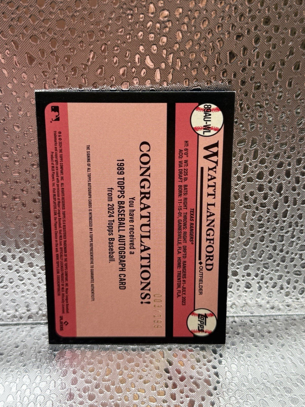 2024 Topps Wyatt Langford 1989 Rookie Auto /199 Texas Rangers #89AU-WL